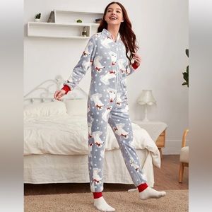 Women’s Christmas XMAS Polar Bear Print Fleece Soft Warm Pajama Zipper Jumpsuit